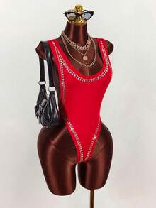 Amplova Body sexy con escote bajo y espalda descubierta con adornos de strass para mujeres - Rojo - Ver 7