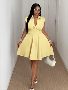 Maweii Plus Size V-Neck Ruched Waist Short Sleeve Dress - Yellow - View 5