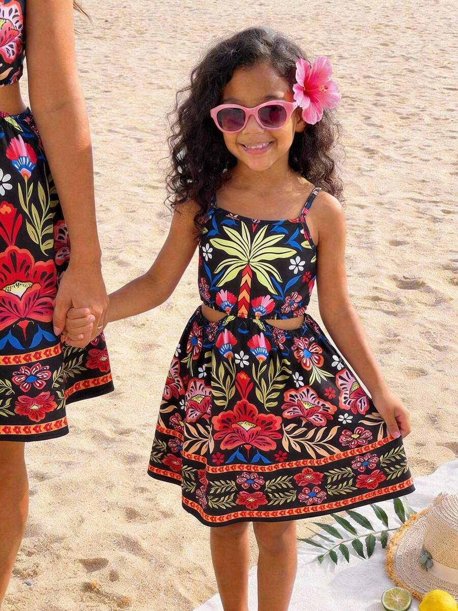 SHEIN Young Girl Tropical Print Backless Spaghetti Strap Dress, Sexy Beach Vacation Style - Multicolor - View 1