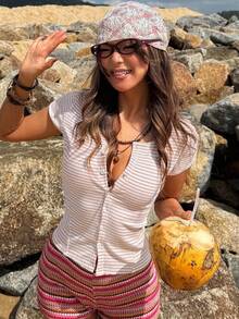 DAZY 女士撞色条纹修身短袖圆领优雅度假上衣 - 淺粉色 - 查看 6