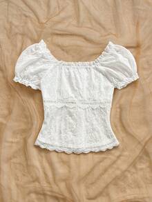 Soleia Women's Vacation Hollow Out Embroidery Contrast Lace Single-Breasted Shirt - White - View 4