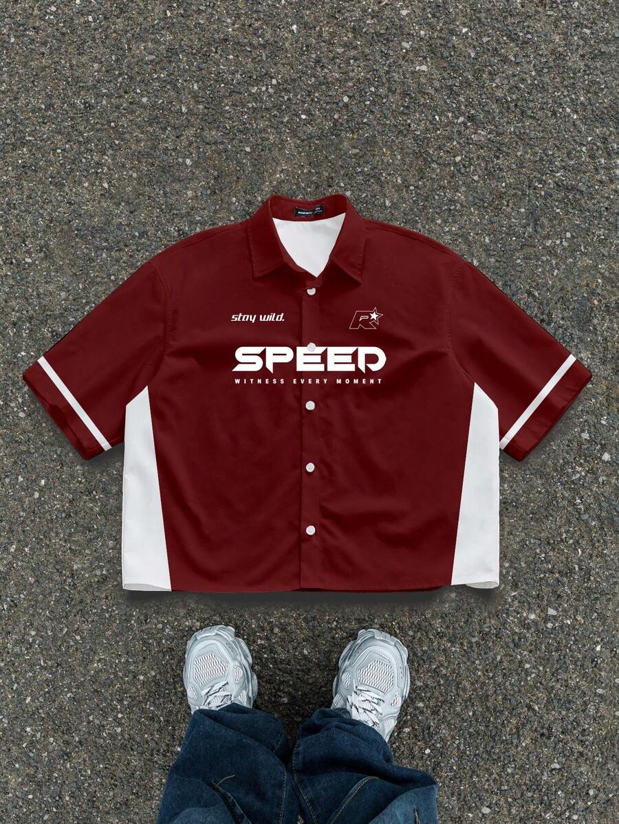 Manfinity ZONE917 Plus Size Men's Boxy Cropped Pioneer Sports Street Loose Maroon + White Contrast R-Star Speed Block Print Short Sleeve Shirt, Gift For Boyfriend/Girlfriend, Collegiate Style - Red - View 1