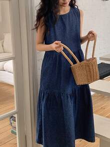 Dazy Kids Vestido vaquero sin mangas de cuello redondo para niñas preadolescentes - Azul lavado oscuro - Ver 9