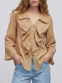 Maija Áo kiểu ren xếp ly dáng rộng cho nữ, thoải mái khi đi nghỉ mát, thanh lịch và mát mẻ, áo kiểu phương Tây mùa xuân hè, áo kiểu màu đất, áo kiểu công sở xếp ly - Màu be - Xem 8