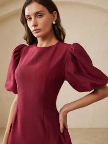 Revavyn Zweifarbiges Bambus-Knoten-Design, lässiges Bindegürtel-Maxikleid mit Puffärmeln Einfarbig - Bordeaux - Übersicht 4