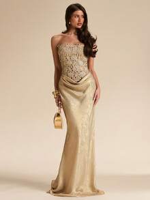 SHEIN BAE 纯金镂空花卉图案修身抹胸连衣裙，优雅连衣裙，夏季紧身镂空包臀连衣裙，适合海滩度假、派对、音乐节、早午餐、婚礼宾客、伴娘、生日等场合。 - 金色 - 查看 7