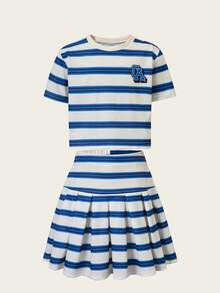 Casuvi Kids 女童蝴蝶结装饰T恤和蝴蝶结装饰百褶裙套装 - 藍白色 - 查看 4