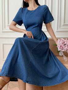 DAZY Đầm denim nữ dáng suông, cổ tròn, tay cánh hoa, chất liệu denim mài, thích hợp cho mùa hè. - Rửa trung bình - Xem 6