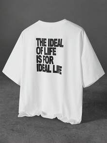 PAVTROS 热销男士T恤，印有积极向上的标语“理想生活，成就理想生活”，适合春夏、夏季、度假、复古、外出、派对、节日、送给男友的礼物、街头服饰、运动等场合。 - 白色 - 查看 3