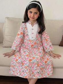 SHEIN Young Girl Floral Print Patchwork Simple Long Sleeve Casual Arabian Dress Spring/Summer Ramadan Style Matching Family Vacation - Multicolor - View 2