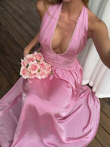 Livesso Pink Summer Girly Sexy Tropical Date Night Vacation Holiday Backless Spaghetti Strap Dress,Elegant Flared Midi Sun Dresses For Women,Wedding Party - Hot Pink - View 4
