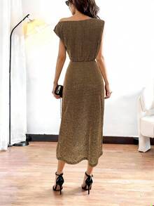 Rafferiza 女士优雅派对不对称肩短袖高开衩连衣裙 - 金色 - 查看 2