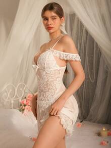 DelicateAllure 2pcs Romantic Lace Patchwork Mesh Sexy Dress Set - White - View 4