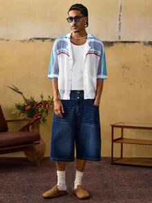 ROMWE MEN Men's Casual Contrast Striped Hollow-Out Knit Sweater - Blue - View 6