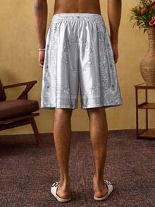 ROMWE MEN Casual Quần short nam in họa tiết, cạp chun, kiểu dáng thường ngày, thích hợp cho kỳ nghỉ. - Bạc - Xem 3