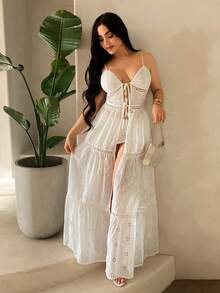SHEIN SXY 女士度假系带无袖花卉刺绣长款吊带背心 - 白色 - 查看 6