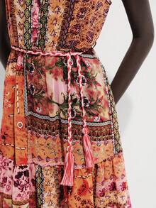 Lumivelle Vestido casual de primavera/verano para mujer, elegante, sexy y romántico, con estampado de paisley y geométrico en combinación de colores en tela de gasa, cuello en V profundo, pequeño cuello alto, cintura con lazo y cordón con flecos, espalda abierta, bajo súper acampanado. - Multicolor - Ver 6