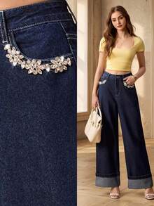 Selenza Quần jeans ống rộng nữ kiểu dáng thường ngày, chất liệu denim mài, đính đá lấp lánh. - Màu xanh lam - Xem 8