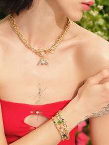 Glisma Exquisite Bling Cubic Zirconia Heart Chic Necklace Pendant Freshwater Faux Pearl Chunky Chain Luxury Jewelry Delicate Gift 2024 Valentines - Turquoise Pearl - View 5