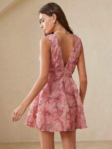 BELROSIE Women Dusty Pink Mini Dress 3D Floral Applique Organza A-Line Deep V-Neck Sleeveless High Waist Elegant Mama Mia Summer Wedding Guest Party Dresses - Rose Red - View 6
