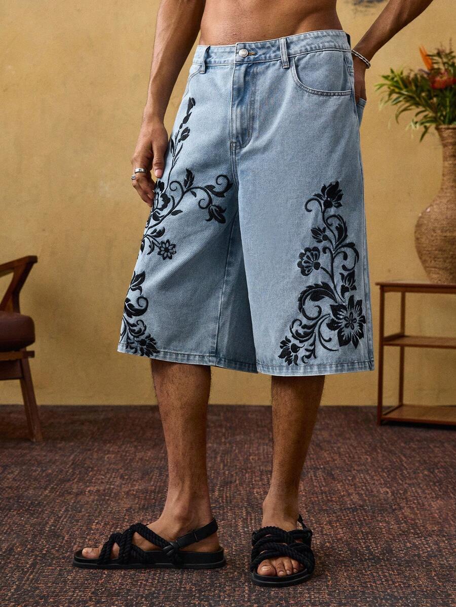 ROMWE MEN Casual 男士休闲花卉刺绣牛仔短裤 - 藍色 - 查看 1