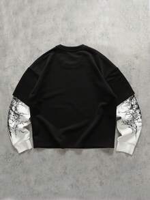 ROMWE MEN 男士极简印花叠层圆领长袖T恤 - 黑色 - 查看 2