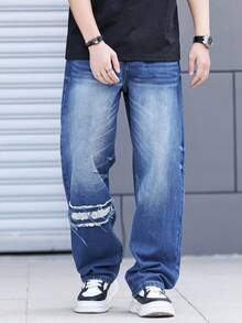 Manfinity Roghcode Jeans rectos casuales y de moda para hombres, con roturas y deshilachados, apropiados para el uso diario - Azul lavado medio - Ver 8