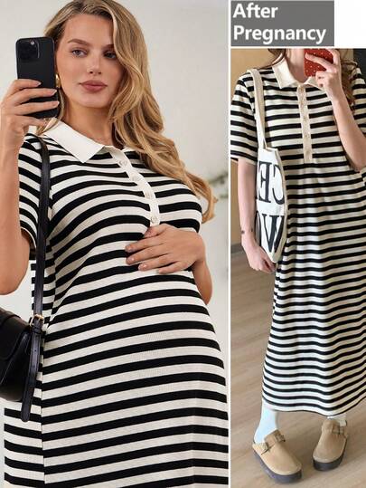 SHEIN Maternity Summer Casual Commuting Black & White Striped Print Polo Collar Dress, Summer Outfits,, Summer Outfit For Women