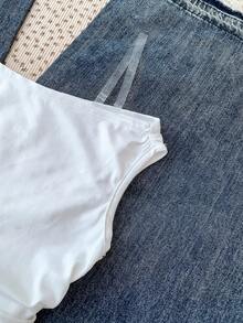 SHEIN Tween Girls White Knit Casual Minimalist Polka Dot Print Asymmetric Ruched Cropped Top, Suitable For Spring/Summer, Casual, Personalized Styling, Daily Wear - White - View 6