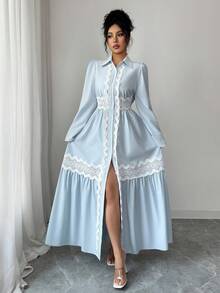 Elenzga 女士春夏时尚浅蓝色衬衫领灯笼袖蕾丝拼接及踝喇叭连衣裙，适合日常穿着、婚礼、晚宴、通勤、毕业派对、节日、假期、约会、聚会、万圣节、圣诞节、新年、感恩节、婚礼等场合。 - 藍色 - 查看 5