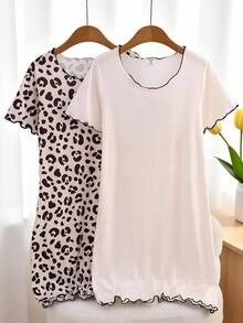 Genkimix Kids 2pcs Girls Fashionable Cute Milk Silk Leopard Spot Print Short Sleeve Nightgown - Apricot - View 1