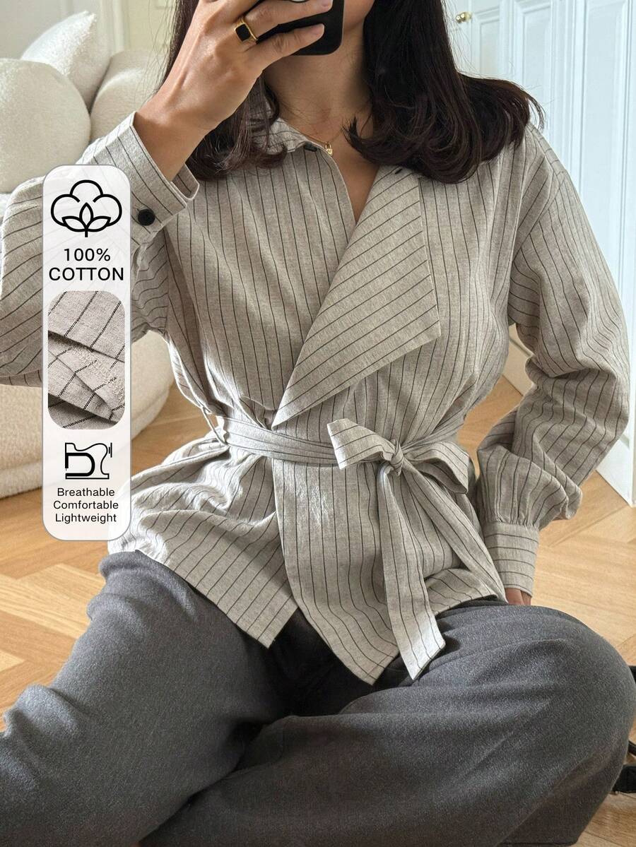 DAZY Chaqueta regular con cinturón y cuello a rayas para mujer, primavera/verano - Albaricoque - Ver 1