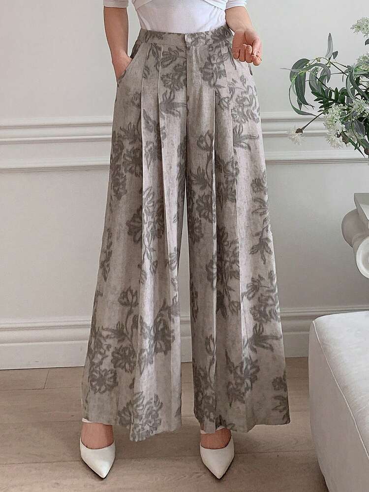 DAZY 女士休闲碎花褶裥阔腿裤，春夏款 - 灰色 - 查看 3