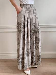 DAZY 女士休闲碎花褶裥阔腿裤，春夏款 - 灰色 - 查看 6