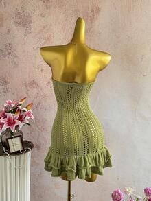 Elamini Women's Green Fashionable Versatile Beach Vacation Style Knitted Cropped Dress, Summer - Green - View 2