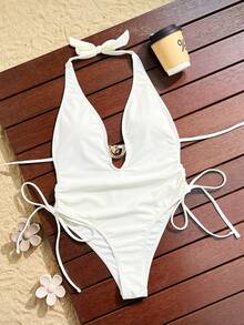 Swim SXY Solid Deep V Neck Twist Ruched Metal Decor Casual Beach Swimsuit For Women - Beige - View 4