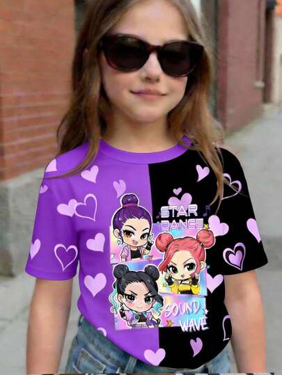 SHEIN Camiseta de manga corta y cuello redondo casual para niña, adecuada para uso casual en primavera/verano, perfecta para salidas, estilo callejero y vibras hip-hop, cómodamente elegante ropa casual para niñas, nuevas llegadas para la temporada de regreso a clases