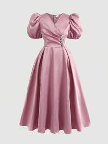 SHEIN 少女缎面花瓣袖收腰喇叭裙摆晚礼服 - 粉色 - 查看 3