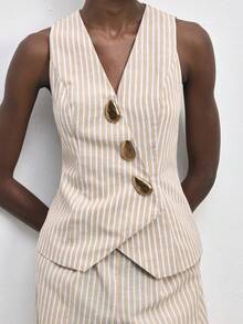 Maija Women's Fashionable Striped Metal Buckle Sleeveless Blazer, Summer - Khaki - View 1