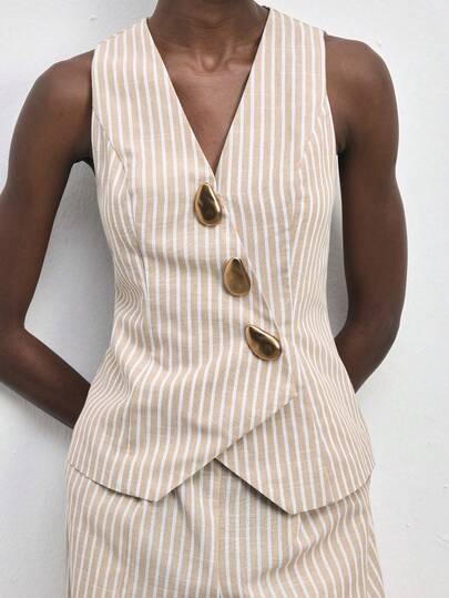 Maija Women's Fashionable Striped Metal Buckle Sleeveless Blazer, Summer