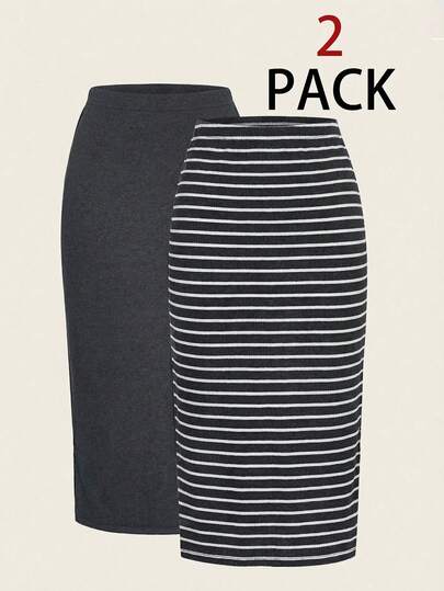 SHEIN LUNE 2pcs/Set Women Casual Striped & Solid Color Midi Skirts Skirts Curve Skirts For Women Set Skirts Long Women's Skirts Women's Skirts Womens Skirts