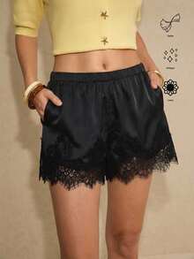 Poéselle 女士纯色简约日常蕾丝拼接短裤 - 黑色 - 查看 2