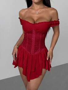 SHEIN PETITE 女士白色褶皱提花腰部拼接荷叶边露肩层叠荷叶边A字雪纺迷你连衣裙，优雅适合派对和年轻女孩穿着，白色束身连衣裙，白色迷你连衣裙，白色派对服装，束身连衣裙 - 紅色 - 查看 5