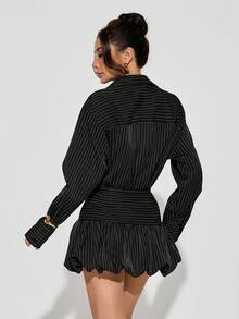 PETITE Conjunto casual para mujer, atuendos de otoño para mujer, falda de burbujas marrón y blusas, rayas marrones - Negro - Ver 2