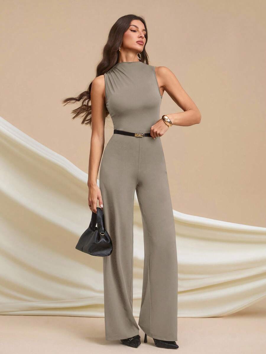 SHEIN Tall Bộ jumpsuit dài màu đen thanh lịch, gợi cảm, không tay, xếp ly, ống rộng, thích hợp mặc hàng ngày, hẹn hò, đi chơi, dự tiệc, kiểu dáng layering thanh lịch cho nữ, jumpsuit bất đối xứng, jumpsuit ống rộng, jumpsuit ngày Valentine, jumpsuit mặc hàng ngày, jumpsuit dài thanh lịch cho người cao. - Xám - Xem 1