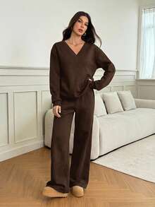 Women's Oversized V-Neck Fluffy Soft Stretch Loose Sweatshirt And Sweatpants 2 Pieces Set, Autumn/Winter Comfy Two Piece Set Brown Two Piece Set Women, Tall Women - Brown - View 9
