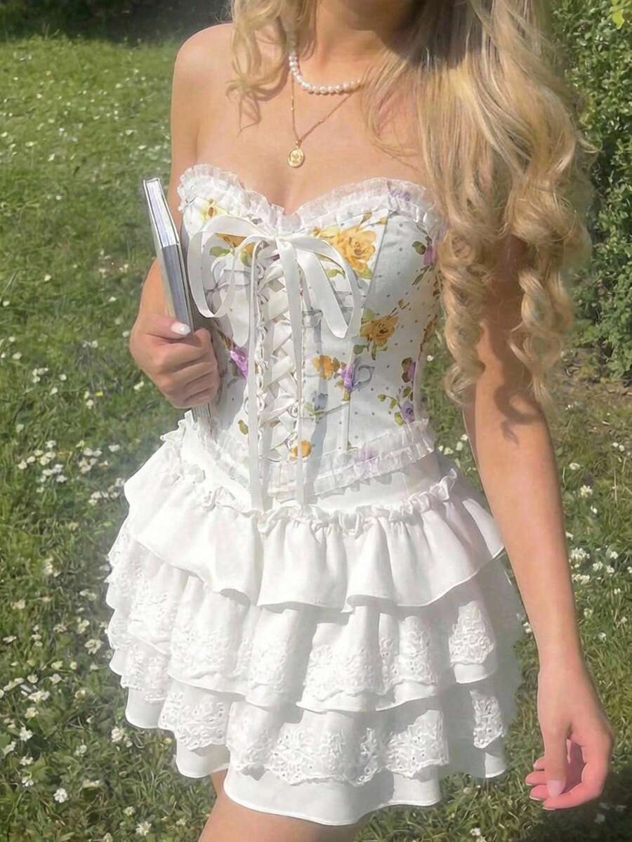 SHEIN MOD Áo quây nữ in hoa, viền bèo nhún, buộc dây phía trước - Nhiều màu - Xem 1