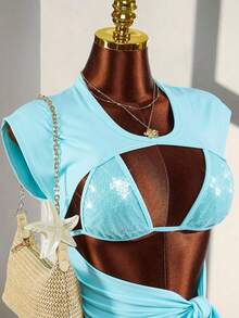 Amplova Conjunto de 3 piezas sexy: Top corto con recorte y torsión en la cintura de unicolor, chaleco de cuello halter y minifalda ajustado - Azul - Ver 6