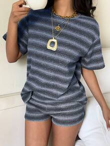 SHEIN EZwear 女士条纹针织休闲短袖T恤短裤套装，夏季 - 藍色 - 查看 5