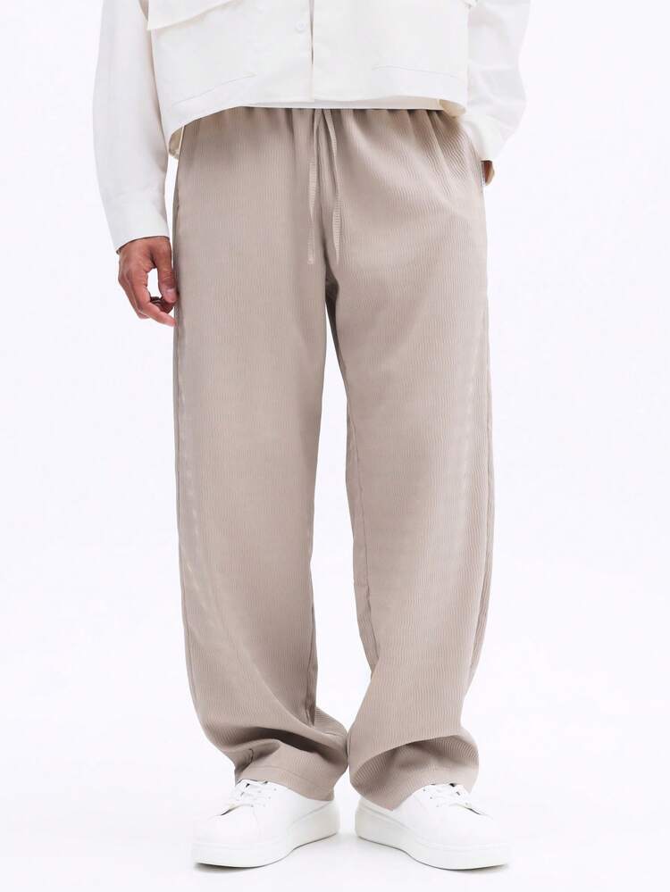 SUMWON Men Relaxed Drawstring Ribbed Textured Pull On Wide Leg Casual Pants With Side Pockets Elastic Waist Lounge